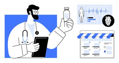 Teletıp doktoru ilaç şişesi ve tablet tutuyor. Tıbbi tablet, insan anatomisi ve çevrimiçi eczane ikonları da var. Sağlık, teletıp, çevrimiçi danışma, dijital sağlık için ideal