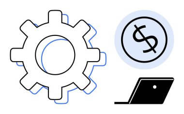 Büyük vites, daire şeklinde dolar işareti ve dizüstü bilgisayar. İş stratejisi, finansal planlama, teknoloji entegrasyonu, süreç optimizasyonu, üretkenlik ekonomik büyüme yeniliği için idealdir. Soyut