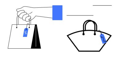 İndirim etiketli bir alışveriş çantası, fiyat etiketli ikinci çanta, hareket gösteren hareket çizgileri. Satışlar, perakende satış, e-ticaret, alışveriş, indirimler, tüketici davranışları için ideal