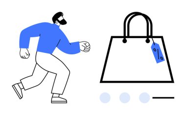 Mavi kazaklı adam fiyat etiketli alışveriş çantasına doğru koşuyor, e-ticaret, çevrimiçi alışveriş, dağıtım, aciliyet, perakende satış, müşteri şevki ve kolaylık konularını vurguluyor. İdeal