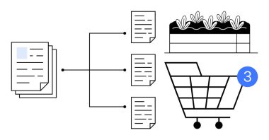 Bireysel belgelere bağlı yığınla belge, bir bahçe yatağı ve bir alışveriş arabası. Çevrimiçi alışveriş, belge yönetimi, bahçıvanlık, iş akışı, proje planlaması, e-ticaret için ideal