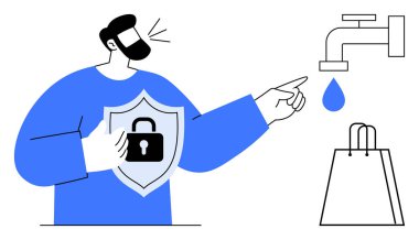 Adam, kalkanı kilitli tutarken musluğu sızdırdığına işaret ediyor. Veri koruması ve güvenliği simgeliyor. Siber güvenlik, iş güvenliği, veri sızıntıları, çevrimiçi güvenlik ve su tasarrufu için ideal