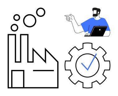 Fabrika yayma baloncukları, dizüstü bilgisayarı olan mühendis, kalite güvencesini sembolize eden işaretli teçhizat. Üretim, teknoloji, kalite kontrolü, verimlilik ve endüstriyel büyüme için ideal