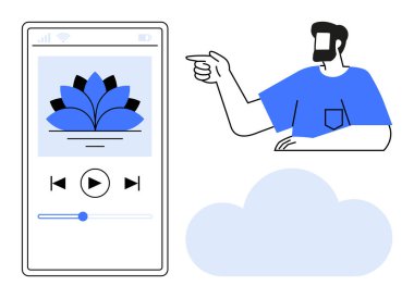 Akıllı telefonu işaret eden adam mavi bir bulut simgesinin yanında müzik çalar arayüzü sergiliyor. Müzik akışı, teknoloji, bulut depolama, uygulamalar, dijital medya, kullanıcı etkileşimi, veri