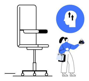 Ofis koltuğu, alışveriş çantası ve akıllı telefon tutan iş kadını, yukarı doğru okları olan yenilik sembolü. İş yeri rahatlığı, iş hayatı dengesi, modern ofis, üretkenlik, kurumsal kültür için ideal