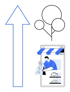 Yukarı bakan büyük mavi ok, büyümeyi temsil ediyor. Balonlar okun yanındaki kutlamayı sembolize ediyor. Cep telefonu ekranında elinde alışveriş çantası ve çevrimiçi mağaza eşyaları olan bir adam görülüyor.