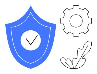 İşaretli mavi kalkan, siyah çizgili dişli ve yaprak kaplamalı. Güvenlik, teknoloji, koruma, verimlilik, güvenilirlik, çevre dostu denge kavramları için idealdir. Basit ve soyut bir çizgi