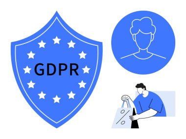 Yıldızlarla, kullanıcı avatarıyla ve indirimli alışveriş torbalarıyla çevrili GDPR uyum kalkanı. Veri gizliliği, kullanıcı koruması, çevrimiçi güvenlik, e-ticaret, düzenleyici uyum için ideal