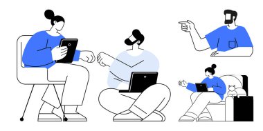 Dijital olarak bağlı bireyler tablet ve dizüstü bilgisayarlarını paylaşıyorlar, rahat duruşlarda oturuyorlar, el kol hareketi yapıyorlar. Takım çalışması, iletişim, dijital yaşam tarzı, uzak çalışma, işbirliği, teknoloji için ideal