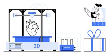 3D printer creating a human heart, scientist pointing towards progress, medical equipment, gift. Ideal for medical innovation, biotechnology, 3D printing, science communication, research technology clipart