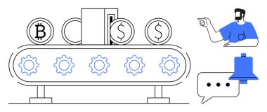Çarklı taşıma bandı, kripto para ve işlenen dolar paraları. İşaret, konuşma balonu ve uyarı zili iletişim ve güncellemeleri öneriyor. Finans ve kripto para birimi için ideal