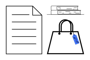 Basılı çizgileri olan büyük bir belge, küçük bir yığın kitap ve mavi etiketli bir alışveriş çantası. Eğitim, ticaret, bilgi, satın alma, strateji planlama için idealdir. Basit soyut çizgi