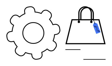 Üstünde fiyat etiketi olan alışveriş çantasının yanında vites simgesi var. eCommerce, otomasyon, çevrimiçi alışveriş, perakende yönetimi, teknoloji yeniliği, iş çözümleri, dijital pazar yeri için idealdir. Basit soyut
