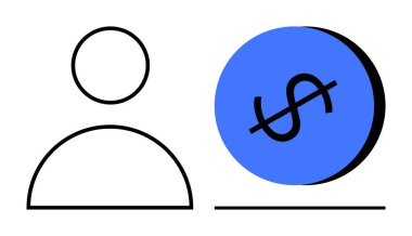Üzerinde dolar işareti olan mavi dairenin yanındaki kişi. Finans, insan kaynakları, kullanıcı değeri, yatırımlar, iş dünyası, ekonomi ve zenginlik için idealdir. Temiz minimalist soyut çizgi düz metafor
