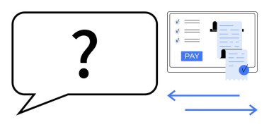 Dijital makbuzun yanında konuşma balonunda soru işareti ve çift yönlü oklarla monitörde Ödeme düğmesi. Müşteri desteği, e-ticaret, online fatura, FAQ, işlem güvenliği, dijital