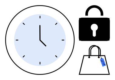 Saat 13: 00 'ü gösteriyor, siyah asma kilit ve fiyat etiketli bir alışveriş çantası zaman yönetimi, güvenlik ve tüketim temasını akla getiriyor. İş için ideal, perakende, programlama, güvenlik e-ticaret