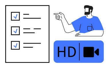 Bir listeyi işaret eden kişi, işaretlenmiş üç kutu ve HD video simgesi. Üretkenlik, video kalitesi, görev yönetimi, organizasyon, verimlilik multimedya ve dijital içerik için ideal. Soyut