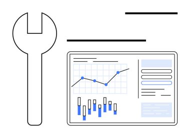 Teknik araçlar ve veri analizlerinin entegrasyonunu sembolize eden grafik ve veri grafiklerini gösteren dijital arayüzün yanına geç. Teknoloji, mühendislik, veri bilimi ve analitik için ideal