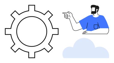 Büyük vites gösteren, bulut şeklinde bir adam. İş akışı süreçleri, teknik destek, çevrimiçi dersler, mühendislik, işbirliği, bulut hesaplama yeniliği için ideal. Temiz soyut çizgi düz metafor