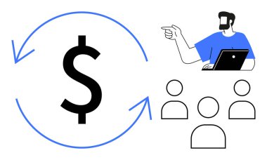 Finansal döngü ya da stratejiyi gösteren yuvarlak oklarla çevrili büyük dolar sembolü. Adam dizüstü bilgisayarını üç kişiyi işaret etmek için kullanıyor. Finans, takım çalışması, strateji ve iş için ideal