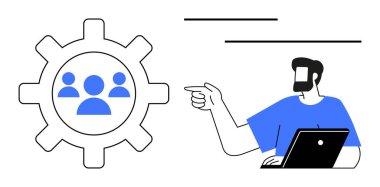 İş adamı, içinde takım üyeleri olan bir vites simgesini gösteren bir dizüstü bilgisayar kullanıyor. Takım çalışması, işbirliği, proje yönetimi, liderlik, iş stratejisi, verimlilik, verimlilik için ideal