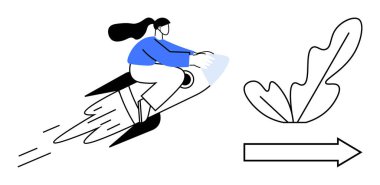 Kadın rokete biniyor, ok ile sağa gidiyor, büyümeyi simgeleyen yapraklar bırakıyor. Ticari başarı, yenilik, ilerleme, gelecekteki fırsatlar, kişisel gelişim, başlangıç kültür vizyonu için ideal