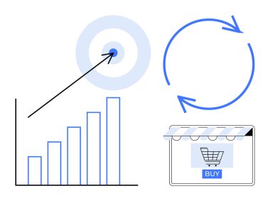 Yukarı doğru eğilimli çubuk grafik, oklu hedef, bisiklet için dairesel oklar, online alışveriş arabası simgesi. Ticari büyüme, e-ticaret stratejisi, veri analizi, hedef belirleme, pazar eğilimleri için ideal