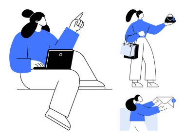 Dizüstü bilgisayar kullanan bir kadın, alışveriş poşetleri ve bir kek tutan bir kadın ve bir de zarflı bir diğeri. Üretkenlik, çoklu görev, günlük rutin, modern yaşam tarzı, zaman yönetimi, iş-yaşam dengesi için ideal