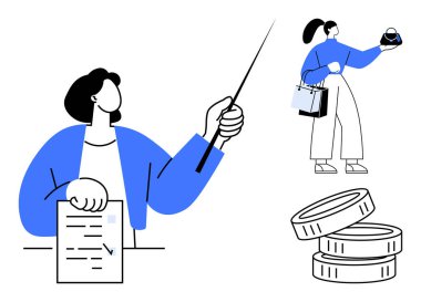 Bir belgeyi işaretleyici ile sunan kişi. Alışveriş torbaları taşıyan ve elinde bir eşya tutan başka biri. Bir yığın bozuk para. Finans, ticaret, eğitim, eğitim, sunumlar için ideal