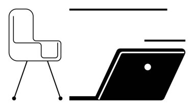 Basit çizgileri ve minimalistik açık dizüstü bilgisayarı olan ofis koltuğu. Uzaktan çalışma, ofis verimliliği, minimalist tasarım, modern çalışma alanı, dijital yaşam tarzı, verimlilik, iş-yaşam dengesi için ideal