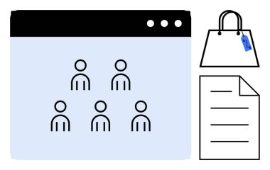 Beş kullanıcı figürlü çizgi film penceresi mavi etiketli bir alışveriş çantası ve bir belge. E-ticaret, çevrimiçi alışveriş, dijital pazarlama, kullanıcı yönetimi, perakende analizi, müşteri