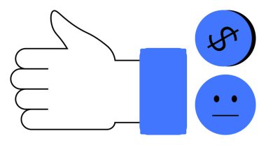 Mavi manşetli, mavi yüzlü, dolar işareti olan mavi yüzlü, büyük baş parmaklı. Kullanıcı geribildirimi, mali kararlar, karışık tepkiler, görüşlerin değerlendirilmesi, sosyal medya, iş dünyası için ideal
