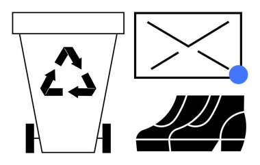 Geri dönüşüm sembollü geri dönüşüm kutusu, bildirim noktalı zarf simgesi ve bir çift çevre dostu ayakkabı. Sürdürülebilirlik, eko-farkındalık, atık yönetimi, dijital iletişim için ideal