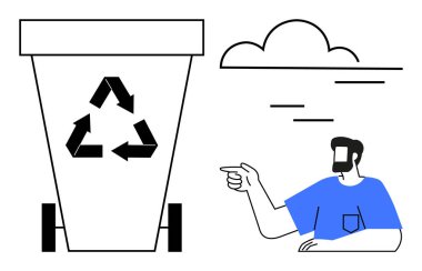 Mavi gömlekli adam geri dönüşüm logosuyla çöp kutusunu işaret ediyor. Arka planda bulut ve basit çizgiler. Geri dönüşüm, sürdürülebilirlik, çevre eğitimi, yeşil yaşam, atık yönetimi için ideal