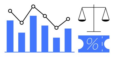 Bar graph with line chart displaying data trends, scale symbolizing balance, and percentage sign on ticket illustration. Ideal for data analytics, finance, economics, business, investment, balance clipart