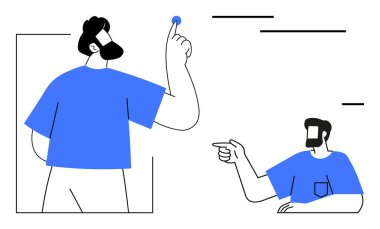 İki sakallı insan, biri ayakta, bozuk parayla yukarıya bakıyor, diğeri oturuyor, önünü işaret ediyor, etkileşimde bulunuyor. Beyin fırtınası, takım çalışması, iletişim yönlendirme liderliği için ideal.