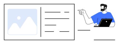 Sakallı ve dizüstü bilgisayarlı bir adam çerçeveli bir görüntü ve metin bloğuna doğru hareket ediyor. İş sunumları, eğitim oturumları, proje tartışmaları, veri analizleri, takım toplantıları, organizasyon için ideal