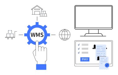 WMS teçhizatında el işaretleri, depo, sevkiyat, dünya. Bilgisayar ve ödeme işlemi sağda. Lojistik, envanter yönetimi, tedarik zinciri, e-ticaret siparişi yerine getirmek için ideal