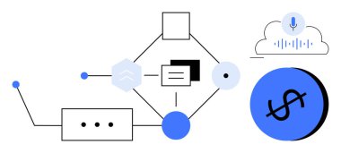 Geometrik şekiller, mikrofonlu bulut depolama ikonu, finansal sembol, düğümleri birbirine bağlayan çizgiler. Teknoloji, finans, bulut hesaplama, veri entegrasyonu, ses tanıma bilgileri için ideal