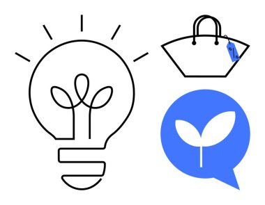 Bitki filizli ampul, çevre dostu etiketli alışveriş torbası ve sohbet balonunda yaprak. Sürdürülebilirlik, yenilik, yeşil teknoloji, ekolojik bilinçli ürünler, çevresel mesajlaşma için ideal