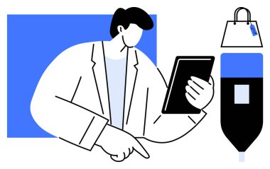 Doktor işaret ederken bir tabletteki hasta verilerini inceliyor. Arka planda etiketli çanta ve alışveriş torbası. Tıbbi, teknoloji, e-ticaret, çoklu görev, sağlık, dijital çözümler için ideal