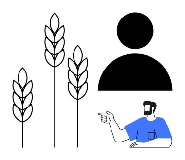 Basitleştirilmiş insan figürü, üç buğday bitkisi ve işaret eden biri. Tarım, doğa, insan etkileşimi, rehberlik, basitlik minimalist tasarım iletişimi için idealdir. Modern düz soyut çizgi