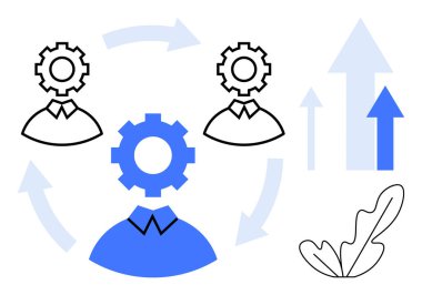 Üç dişli başlı figür, biri mavi, biri kavisli oklarla birbirine bağlı. Yukarı doğru çeşitli oklar ve yanında bir yaprak. Takım çalışması, süreç optimizasyonu, üretkenlik, büyüme ve yenilik için ideal