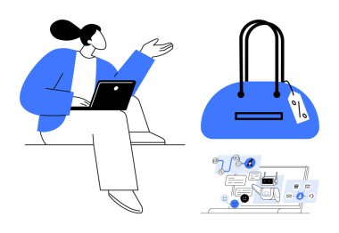 Dizüstü bilgisayar kullanan bir kadın, etiketli büyük bir çanta ve dijital alışveriş arayüzü. E-ticaret, çevrimiçi perakende, dijital pazarlama, tüketici davranışı, moda endüstrisi, mobil alışveriş teknolojisi için ideal