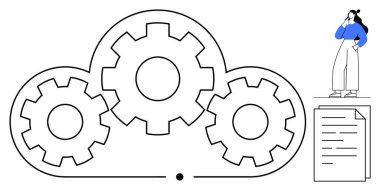 İçinde birbirine kenetlenmiş üç dişli olan büyük bulut formu, çenesi üstünde düşünen bir kadın, belgesi yanında. Teknoloji, bulut hesaplama, iş akışı, otomasyon, veri yönetimi, sistem için ideal