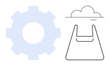 Dişliler açık mavi ve bulutta temsil ediliyor ve siyah çizgili minimalist bir alışveriş çantası var. Teknoloji, bulut hesaplama, e-ticaret, çevrimiçi alışveriş, iş, yenilik kavramları için ideal