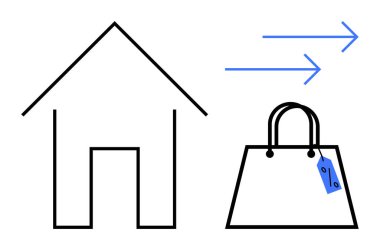 Ev başlangıç noktasını simgeler, iki ok hareketi veya teslimatı simgeler ve alışveriş torbası da satın alınan malları gösterir. E-ticaret, ev teslimatı, alışveriş lojistiği, perakende çözümleri için ideal