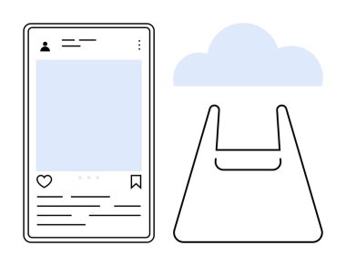 Bulutların altındaki bir alışveriş çantasının yanında sosyal medya iletisi gösteren akıllı telefon ekranı. E-ticaret, dijital pazarlama, çevrimiçi alışveriş, sosyal medya entegrasyonu, bulut hizmetleri, tüketici