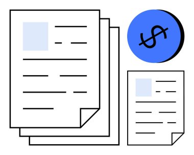 Bir yığın belge ve içinde bir dolar işareti olan mavi bir daire eşliğinde metni temsil eden daha küçük bir kağıt. Finans, evrak, organizasyon, muhasebe, işlem, harcamalar için ideal