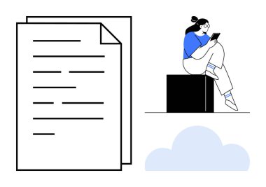 Blokta otururken tablet okuyan kişi, büyük belge dosyaları ve bir bulut simgesinin yanında. Belge yönetimi, bulut depolama, eğitim, çevrimiçi okuma, üretkenlik ve teknoloji için ideal